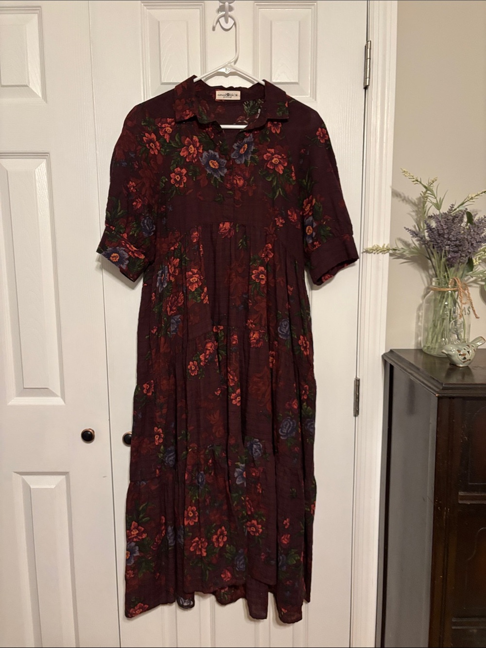 NATURAL LIFE Burgundy Floral Midi Dress with Collared Neck